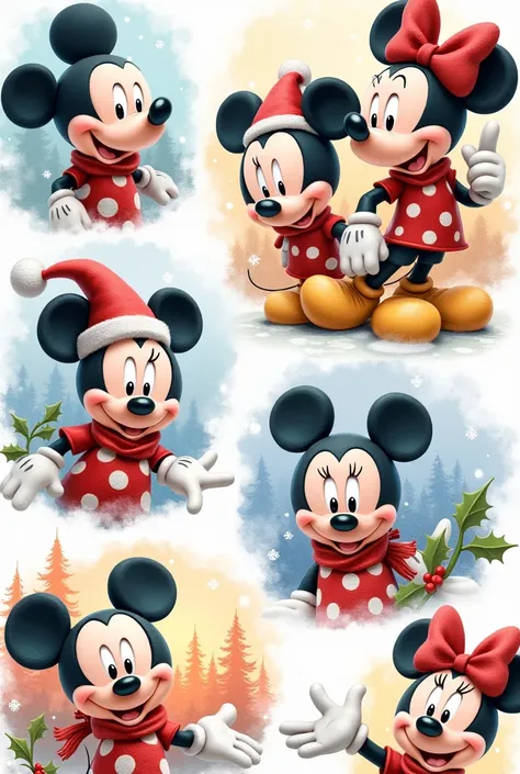 Create a set of  8 images mickey and minnie e sua turma christmas characters with specific and cute  3d characteristics. Create taking into account that the images are used for a scrapbook  png and that they are in watercolor and high resolution.