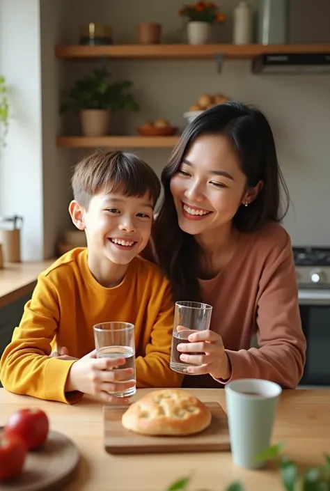 
A kitchen and in the background a mother and her son smiling, they are drinking water. They both have clothes of different colors.