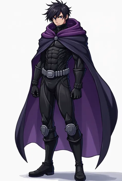  Make an anime superhero who wears his superhero costume either with a black armor ,black boots, Grey gloves, purple cape with a hood that covers his messy hair and that only his tired eyes and nose can be seen,his mouth is covered by a hood of purple and ...