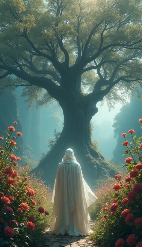 A man wearing a white cloak, standing in a flower garden with a tree in the middle, looking at the tree, at moonlight, huge antique, the era of the prophets