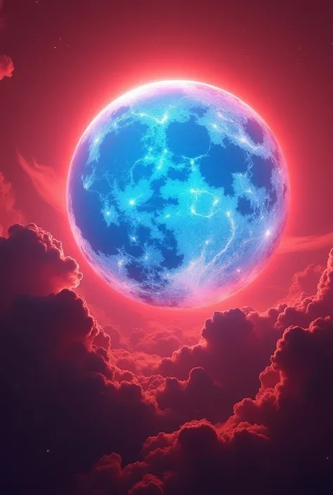 Big blue sun in the red sky with blue rays. Make it realistic and sky very red!