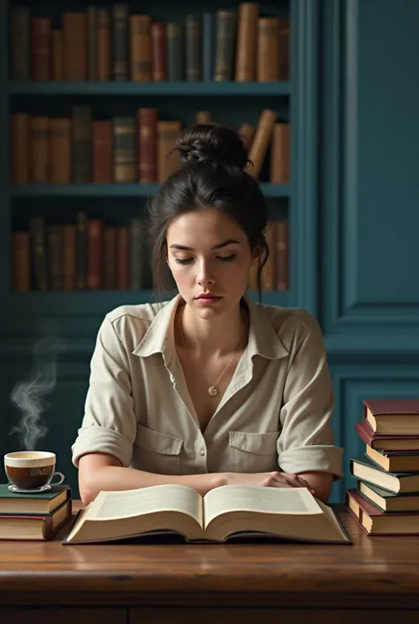  A woman with tied hair sitting in front of a wooden table full of books,  she is reading and wearing a vintage-style outfit , And behind it is a tall blue bookcase with lots of books . And on the table is a cup of coffee .  REALISTIC IMAGE 