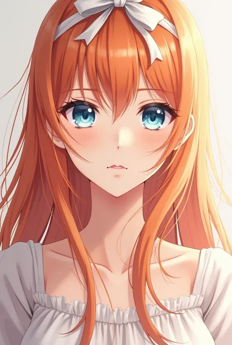 White orange long hair girl with white ribbon and sharp blue eyes anime