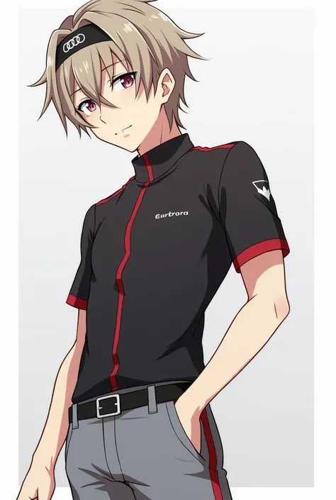 this is an anime of an audi sport driver with short grey shorts, oberon (third ascension) (fate), male focus, diamond hairband, medium hair, official alternate hair color, 1boy, solo, light smile, looking at viewer