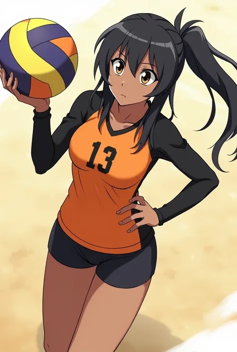  Create me an image of a character in the style of the anime Haikyuu. that is a girl,  team with long black hair and elongated dark brown eyes with large eyelashes. Who has an athletic build ,  a marked waist and wide thighs .  That he wears the volleyball...