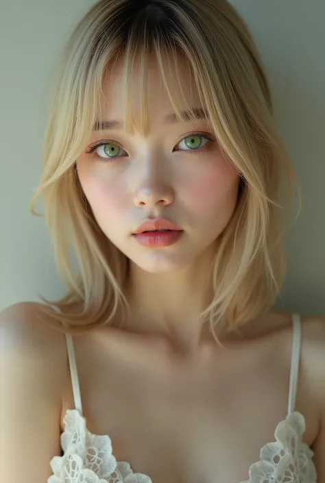  Asian white woman, with straight blond hair , fringe, green eyes