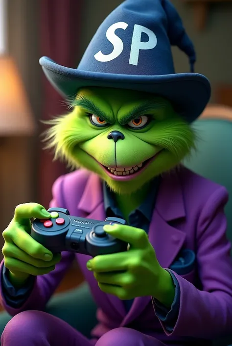  Create an image of the Grinch for a photo where you play video games and have a hat with the initials SP.  Preferably the suit , purple with blue .