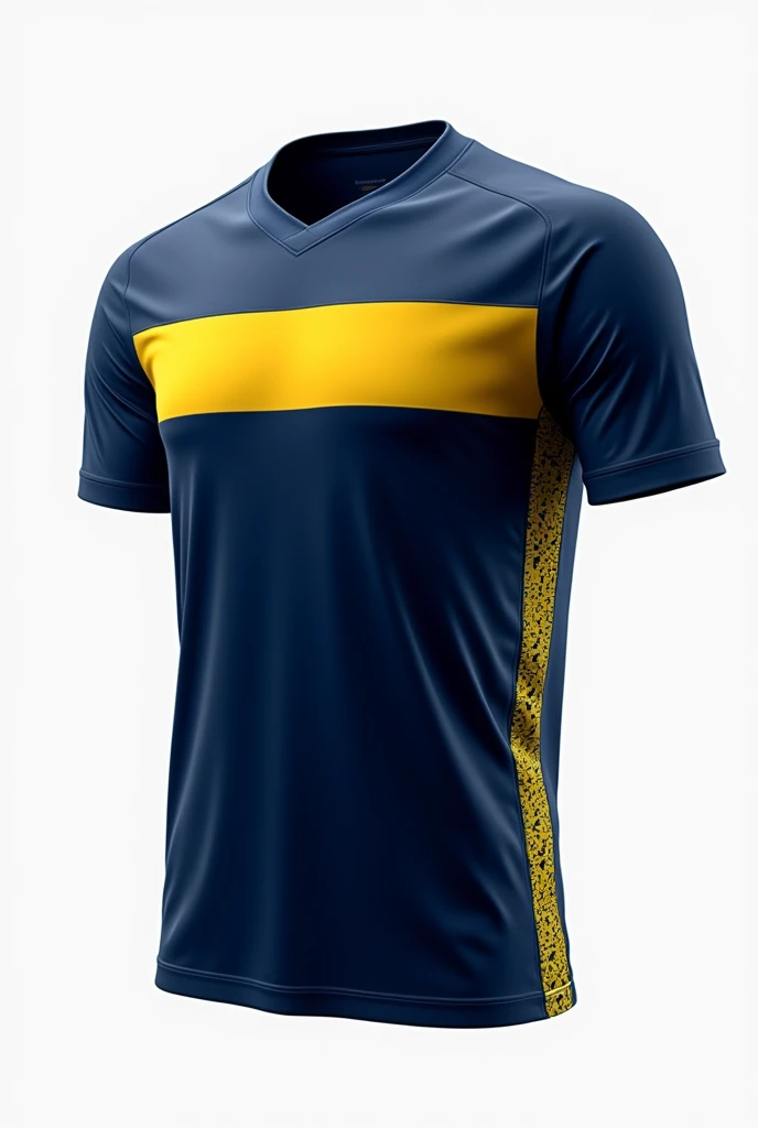  create a navy blue soccer jersey with a yellow stripe on the chest,  collar with the sides in light blue with yellow pixelated under the sleeves . Mause 