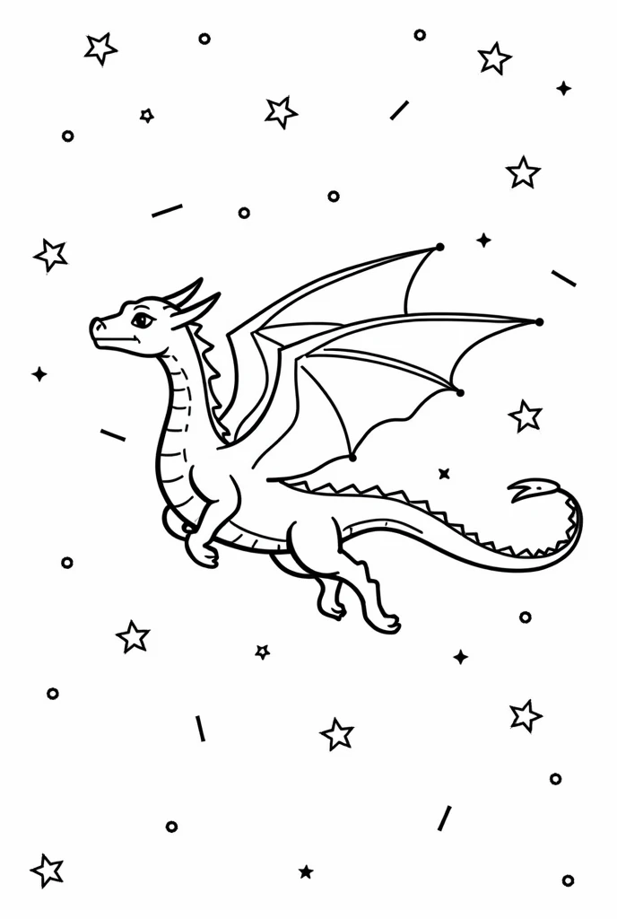 Dragon and the Stars

Prompt:
"Line art of a dragon flying through a starry night sky. The dragon’s body is elongated and elegant, with long wings that catch the light from the stars. Its scales are sleek and smooth, and its tail trails behind like a comet...