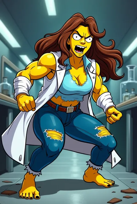 Dynamic Simpsons-style art image of a wild and highly muscular scientific beast, The beautiful Dr. .  Jennifer Marie Evans ,  with long brown hair flowing wildly , Illuminated yellow eyes,  fair skin and black nails . He wears a torn lab coat on his forear...