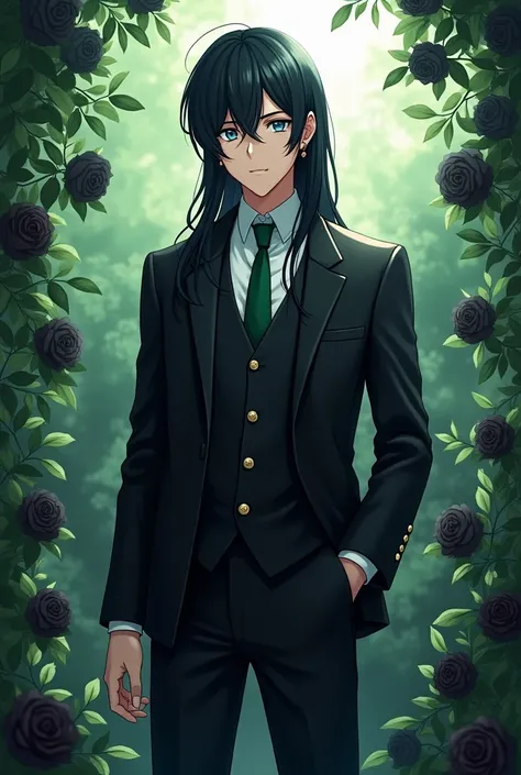 solo,  black hair、 Long Straight、bangs、Black butler uniform、
 Anime Illustration 、Black Rose園、Black Rose、 green tie、
 blue eyes、 young man、 handsome、 long hair