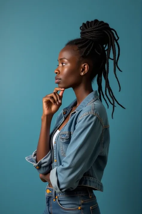  An ultra-realistic image of a young Angolan woman with braided hair,  wearing casual and modern clothes , With an expression of doubt. She appears on a blue background ,  showing her entire body .  Her posture reflects indecision ,  with one hand close to...