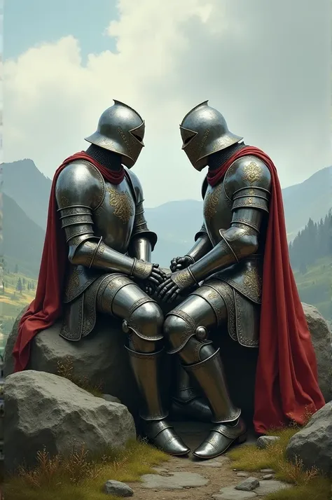  Two friends in the medieval Knights style talking, sitting on a rock . 