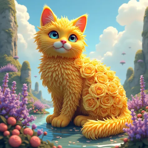  Realistic, Kazkovo-cartoon world, high quality ,  highly detailed ,  hyperrealistic,  extremely realistic ,  photorealistic , 8k,  The cat is made of yellow roses and fragrant lavender