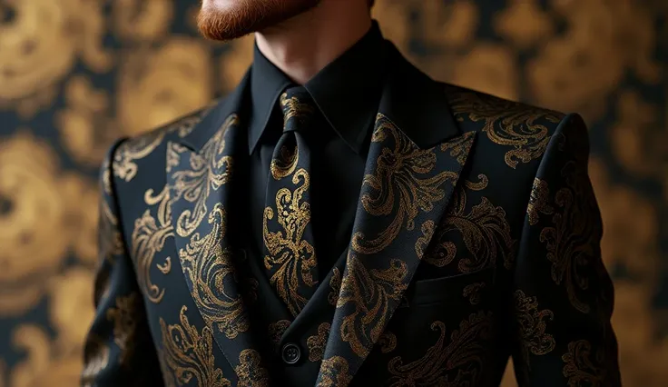 Create black fashion design luxury  suits  for male with gold paisley