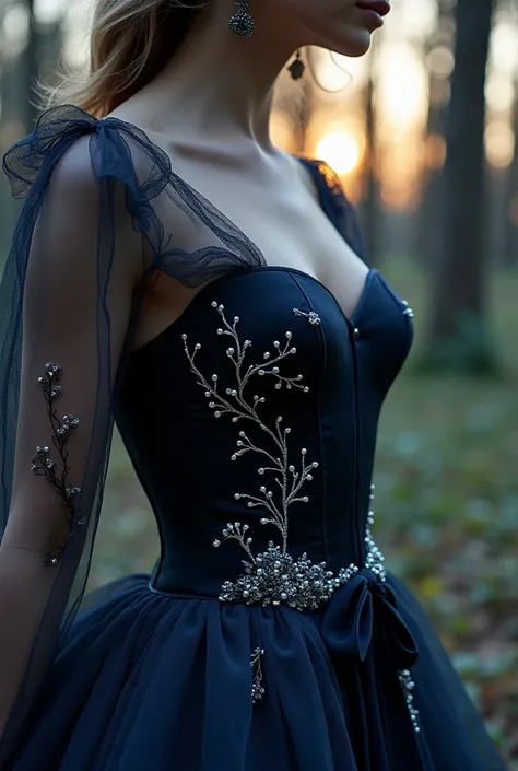 An ethereal corset in navy satin with sheer black tulle panels embroidered with delicate vines in silver thread. The neckline features soft draping of tulle over satin, and the waist is cinched with a detachable belt adorned with tiny pearls and metallic f...