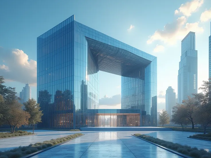 a look at the main entrance to a futuristic glass office on top of a digital skyscraper next to it, a square 