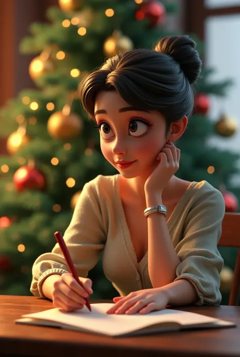 Lady writing a letter , Reloaded at a table thinking and laughing, Background a pine tree and Christmas decoration 3d image