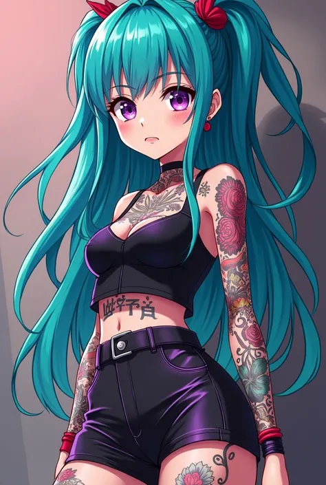  Girl with a defined body , turquoise blue hair,  tattoos all over the body , hair going up her ass , violet eyes,  wears a gang uniform, Her hair is loose and she has some scars all over her body do it in the Tokyo Revengers anime style