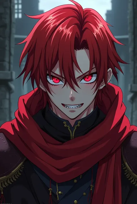 a murderous male anime character with red hair,  Red Eyes, a torn red scarf ,  vampire fangs and 2d anime-style medieval clothing 