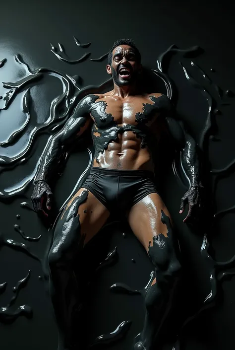   A man in latex boxers lies in a black puddle of slime and merges with black slime, black tentacles hold him ,  the fusion of the body and black mucus, the body is covered with black mucus  