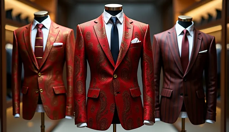 Create red trendy designer luxury suits for men with golden paisley in vertical