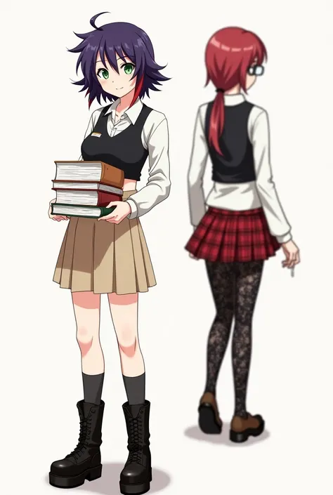  Disheveled purple hair with red strands :


 Here is a slightly simplified description for generating the {x} --- image generation

Full-length anime-style image of two characters:

1. scarlett (In the foreground):



posing:  Stands straight and confiden...