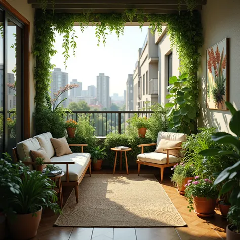 Apartment balcony decorated in the Biophilic style of the interior design 