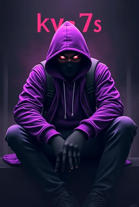 Make a gamer logo of a gangster sitting in a purple hoodie holding masked weapons with the name kvz7s