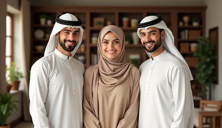  three people posing together in a warm and familiar atmosphere .  One of them is a beautiful woman wearing a hijab and sexy clothes.  Two men on the left and right sides wearing traditional white clothing with head coverings (ghutra and agal ), while the ...