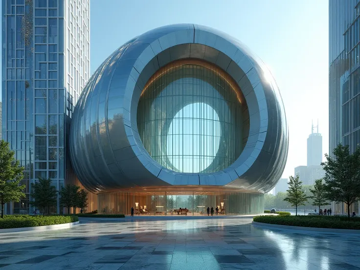 a look at the main entrance to the futuristic glass round office on top of a digital skyscraper next to it is a square 