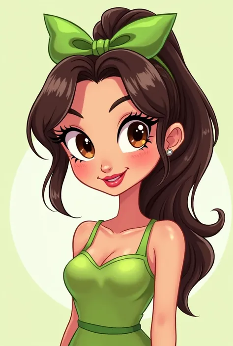  cartoon style cartoon network of a sexy girl of approximately 20 years old,  dark brown hair with light brown highlights ,  brown eyes, chubby lips,  a piercing above the lip on her right, Fun apple green dress with a high ponytail in her hair and a bow