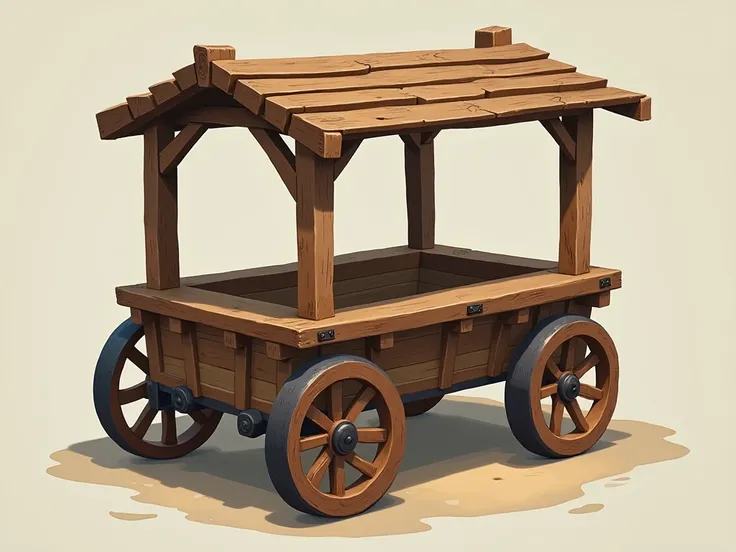 stylized cart with wooden wheels, iron bottom, no roof and wooden base 