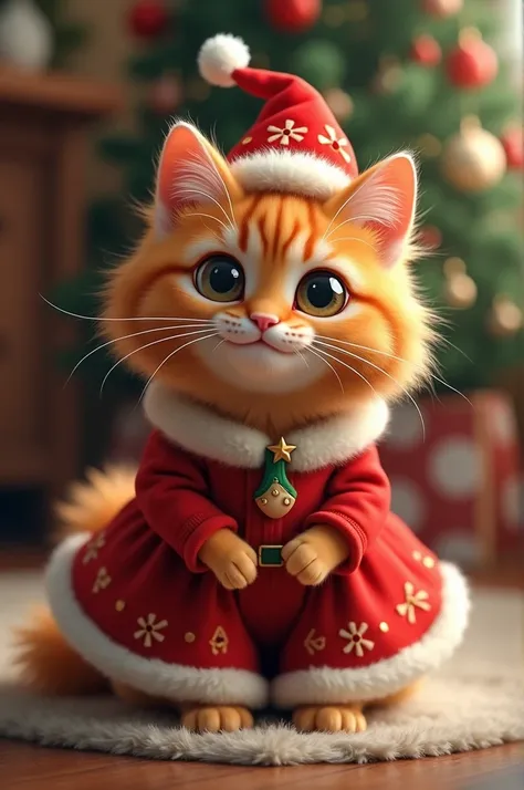 Beautiful cat she is very cute and fluffy and she is wearing a Christmas dress and hat