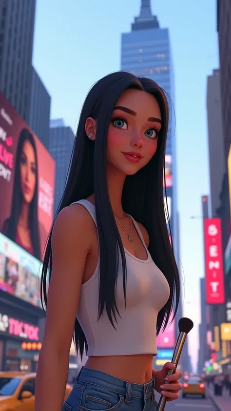 Woman 30 years, long straight black hair, wearing sleeveless white tank top and jean, with her photo displayed  inside a New York Billboard on tall building, announcing Tik Tok Live Fest. Holding a blush brush.

Pixar Cartoon Disney character Animation 
