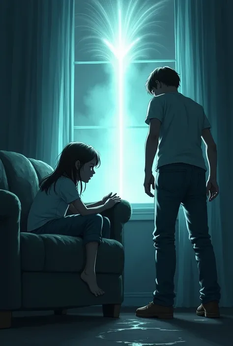 a tense account of a 14-year-old girl sitting huddled on the couch in her house ,  and her older brother with his hand on his face shielding himself from a very strong light that emerges from beyond