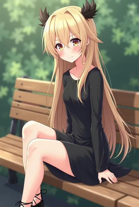  Ash-blond haired girl with black tufts ,  messy hair , ,  sitting on a bench wearing a short tight black dress, Long hair,  straight and loose , black lace-up heels ,  with a nervous smile and a blush on her cheeks ,  anime style