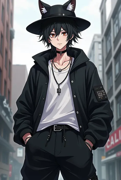  Create an image,  of a male character , in anime style, manhwa, messy black hair,  with a black hat with cat ears, com piercings,  make his skin color dark gray ,  Hes wearing a white shirt , wearing a black jacket, large black pants .