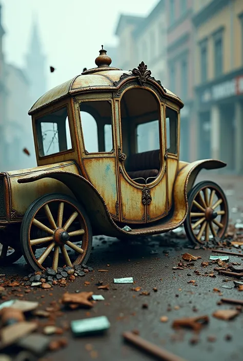 
bridal carriage with little damage and a rolled car crash site