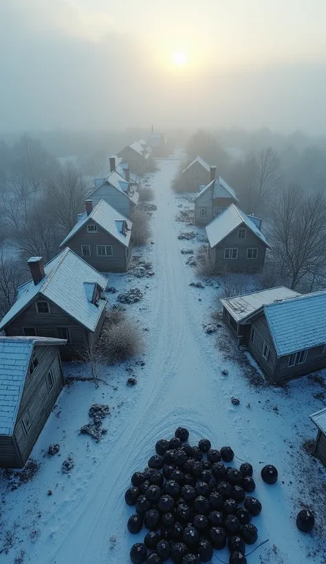 Small piles of black trash bags scattered across a bombed battlefield and village, . Morning light, Snow, Snowfall, fog, drone camera , aerial view