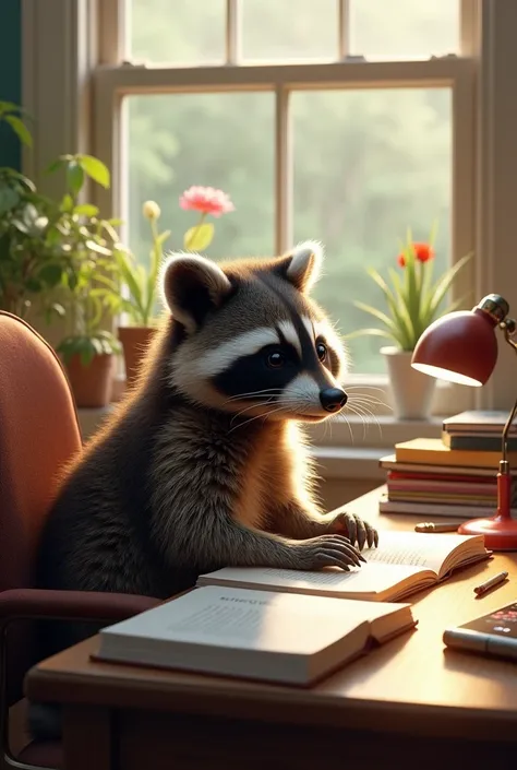  A raccoon sitting in his desk chair studying with books on the table , a lamp on the table ,  pencils and a cell phone with the screen on giving the time ,  in front of the raccoon there is a window with vegetation and flowers and you look at the bright w...