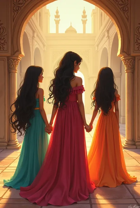 Prompt: "In a faraway kingdom, three beautiful and wise princesses, Sonali, Rani, and Maya, lived in a grand palace. Each princess had a unique dream, different from one another, yet all were passionate about fulfilling their desires. Sonali loved adventur...