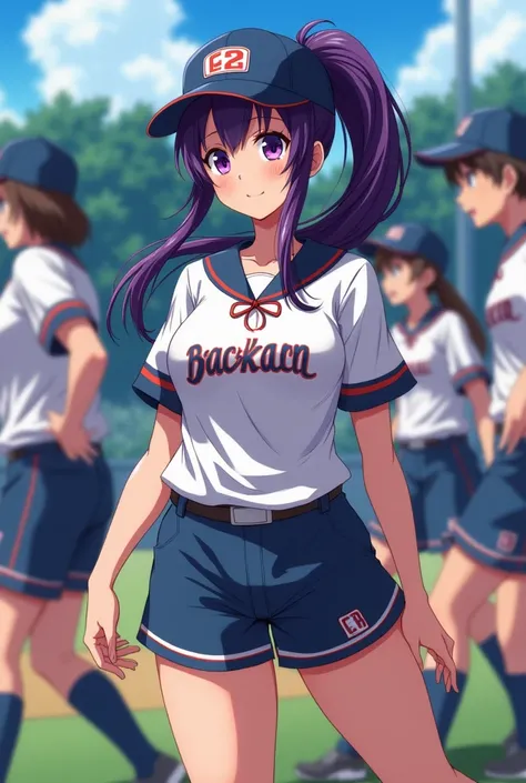 Japanese animation style、High school girl、Baseball players、 Baseball Cap 、Dark Purple Long Hair、single ponytail、 purple pupils、 full breasts 、From Taiwan