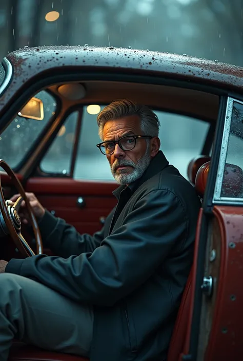 Realistic man with gray hair glasses and beard sitting in an old Porsche 911 on a rainy evening