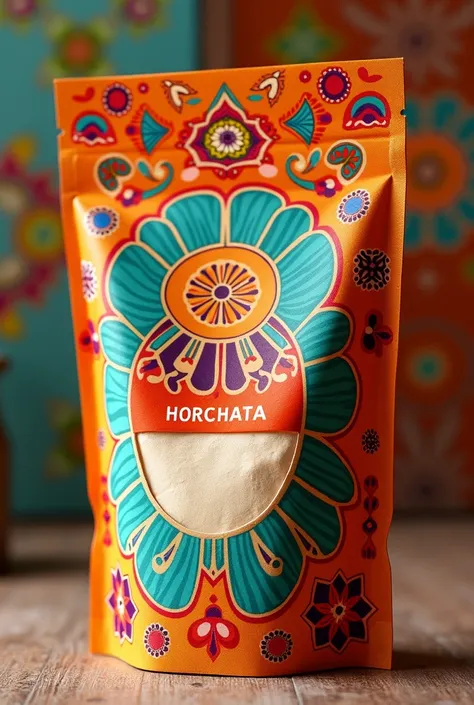  I need to create the image of a product which is a powdered horchata that comes in a bag with a print alluding to Mexico , that is attractive to the consumer 