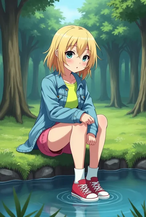  anime girl,  shaggy blonde hair ,  light blue denim jacket ,  neon green cropped top , pink sorts , white loose socks ,  red white tennis shoes ,  sits in the forest on a lakeside meadow, legs bent,  keeps right foot in water  