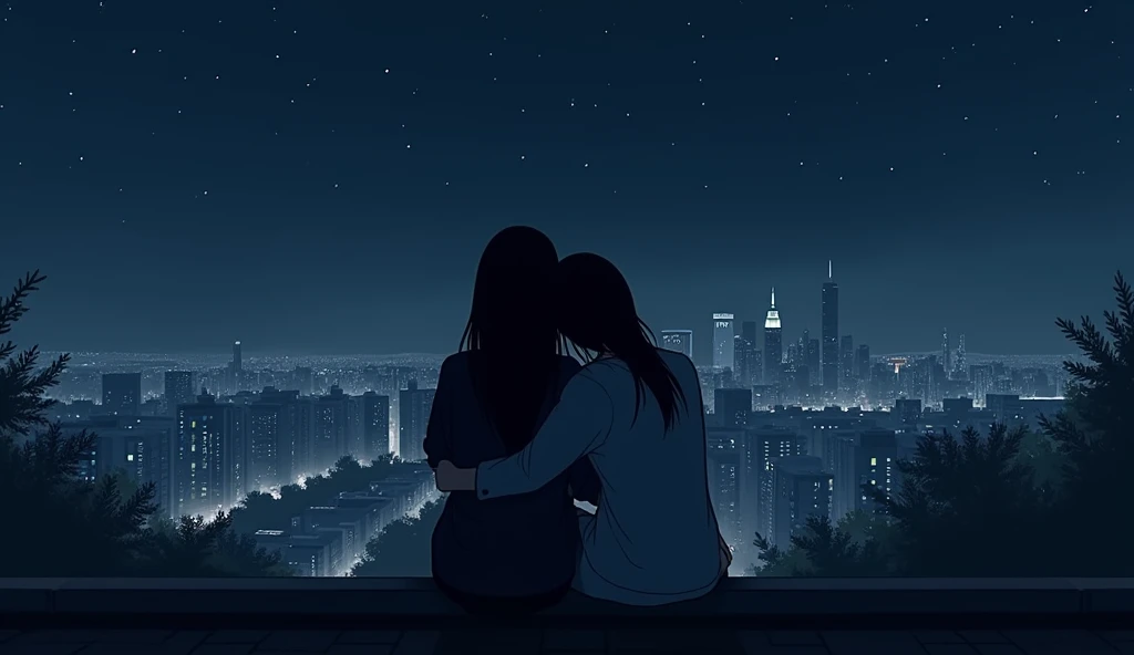 Realistic, two women sitting and cuddling in the darkness on a rooftop of a block of flats, turned with their backs to the camera, far from the camera, dark night, dark blue, grey and black, city panorama, stars