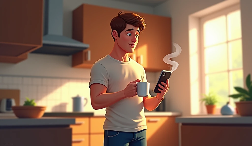 ilustration:Mario, a 30-year-old man with short brown hair, Mario is in the kitchen drinking coffee and sees a message on his cell phone.