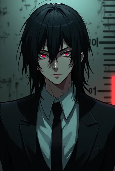 A handsome anime guy with black long shoulder length hair, red eyes, crazy face expression, psychopathic look, mugshot style, detailed facial features, sharp jawline, white shirt, suit black, black tie, brooding expression, edgy hairstyle, dark outfit, dra...