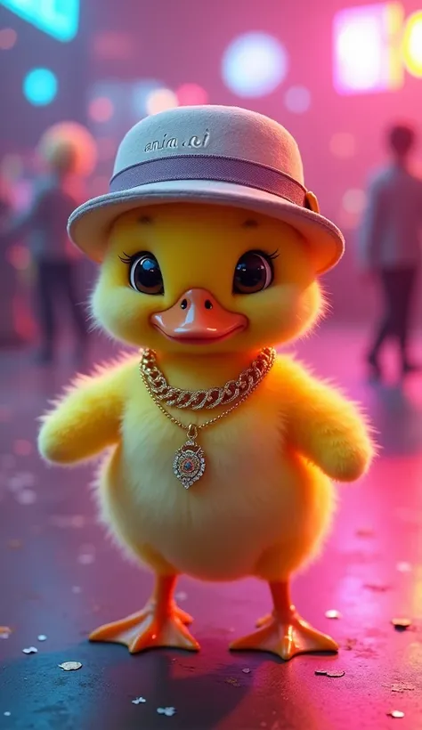  A little yellow duckling wearing a hat , Theres a name written on the hat  "Anima AI "  hes wearing a gold chain around his neck,  Hes dancing with neon lights .  REALISTIC IMAGE